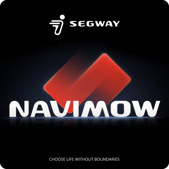 Segway Navimow robot lawn mower advertisement with a red logo.