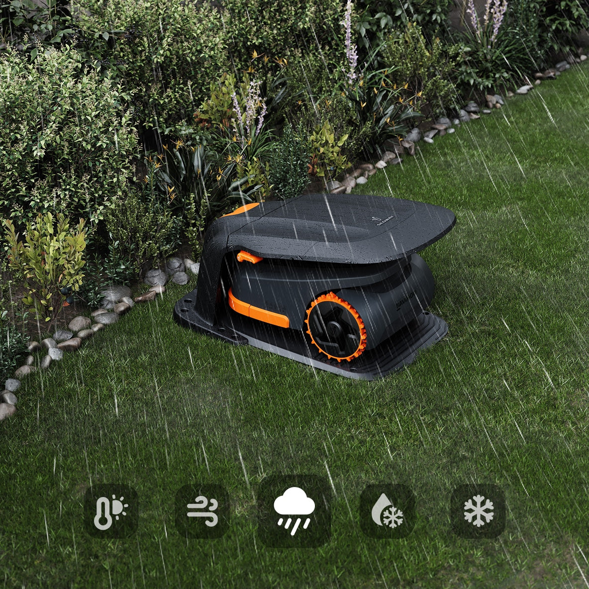Segway Navimow H2 robot lawn mower in rain garage with weather icons