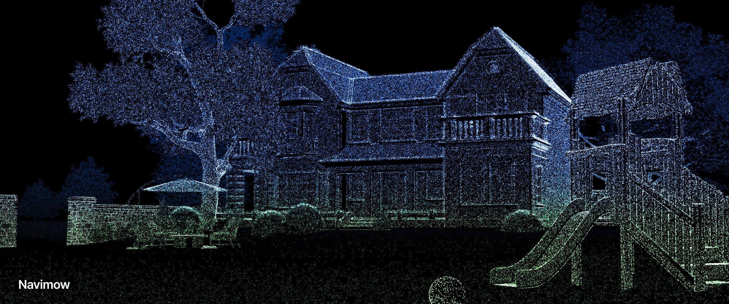 Navimow H2 point cloud view of house large tree and backyard play structure on black
