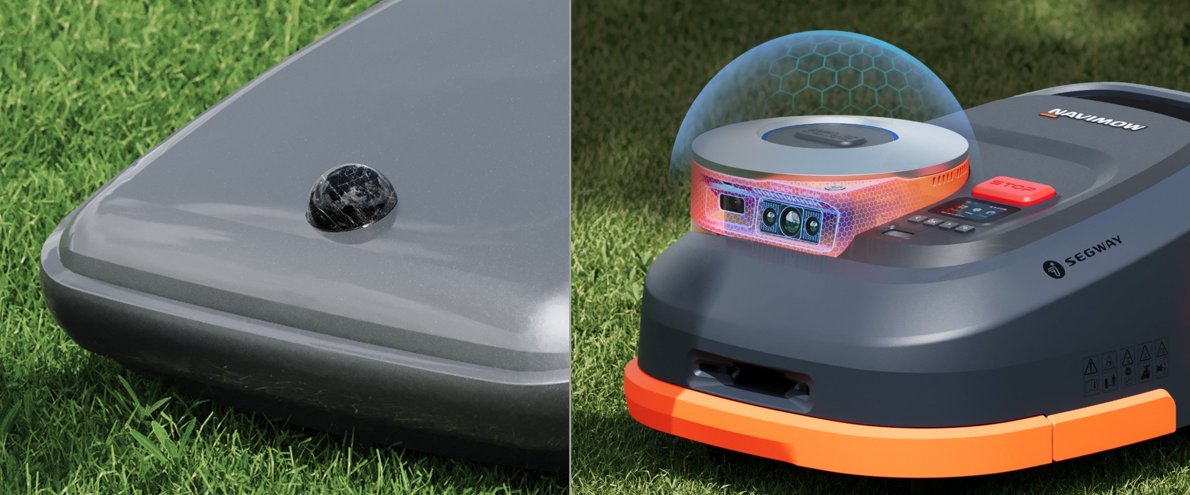 Dual close-up of small embedded lens and Segway Navimow H2 robot mower top sensors with glow effect