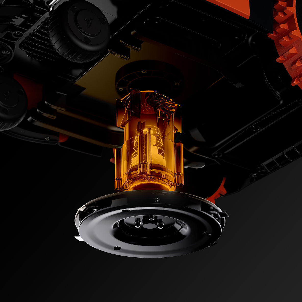 Segway Navimow H2 robot mower stylized underside glow above black cutting disk