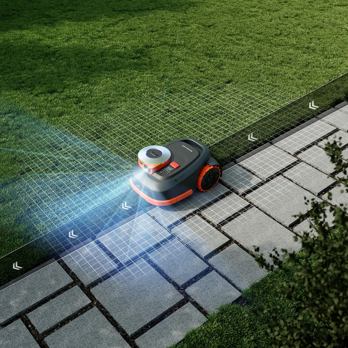 Segway Navimow H2 robot lawn mower trims lawn beside a stone walk