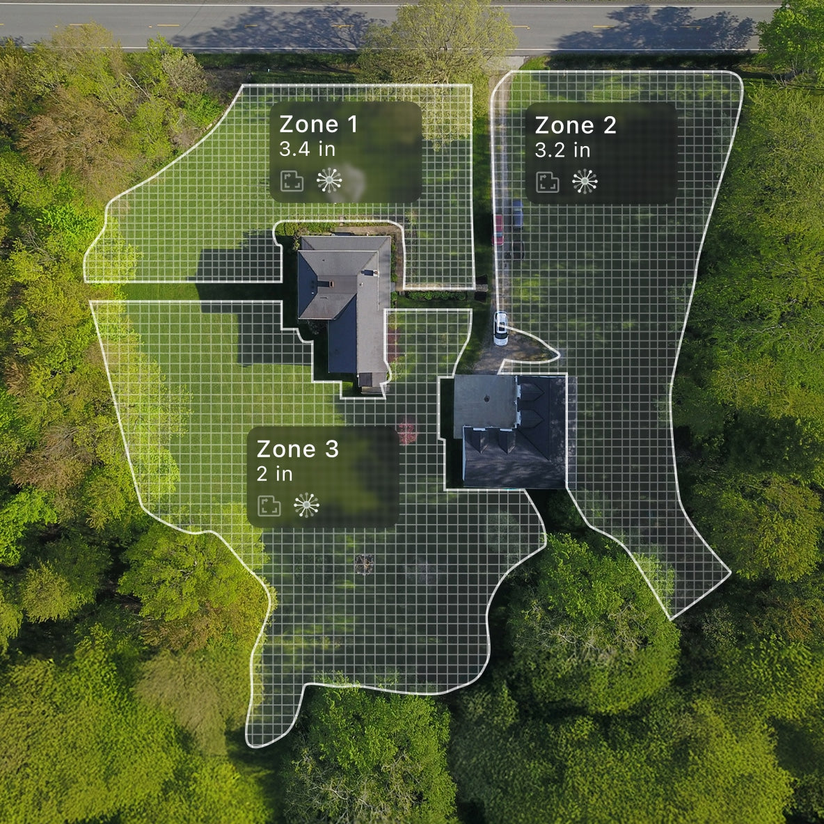 Segway Navimow H2 aerial lawn map with three zones and inch-based cut heights