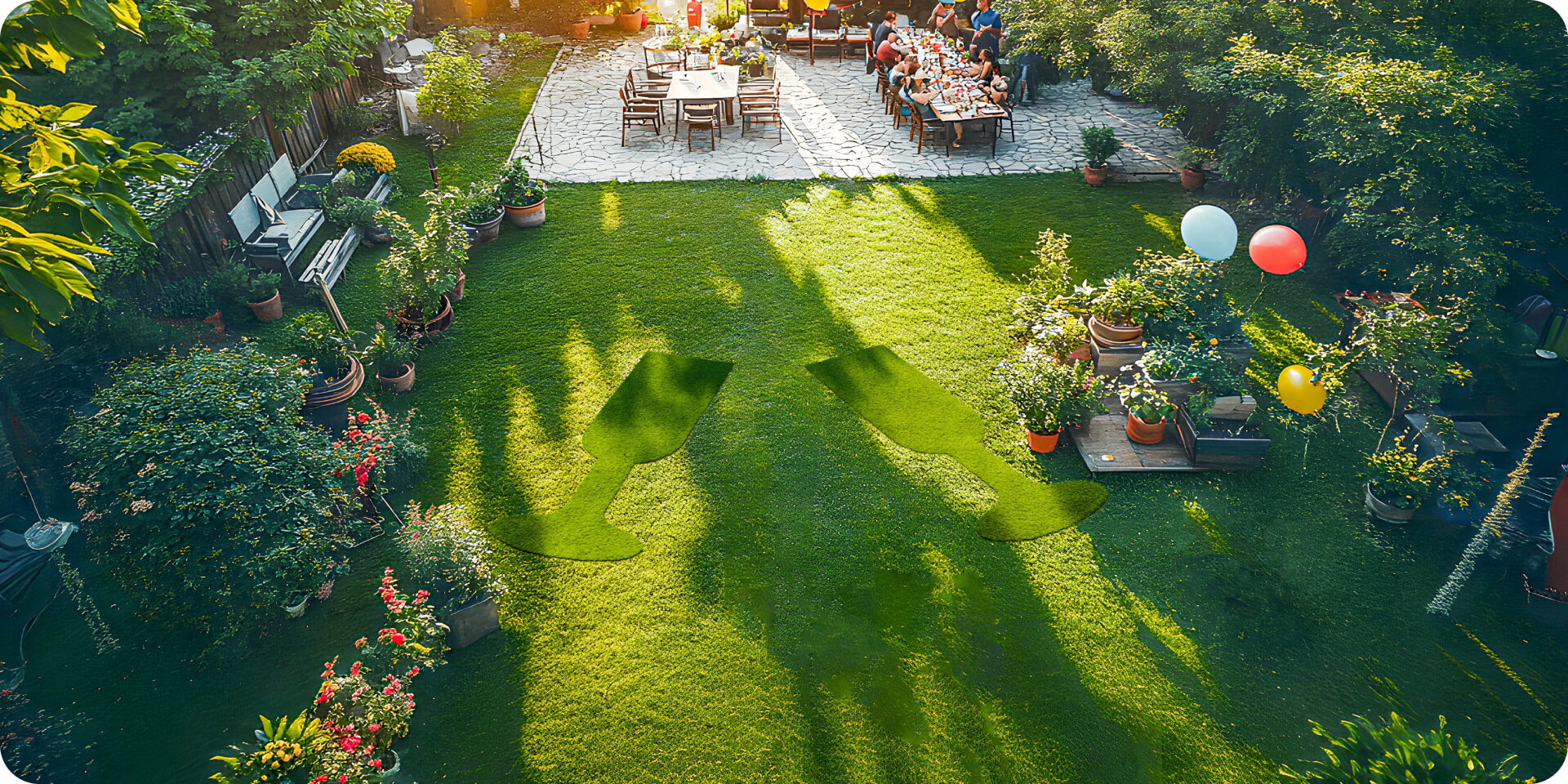 Navimow i110N robot lawn mower mows champagne glasses on grass.