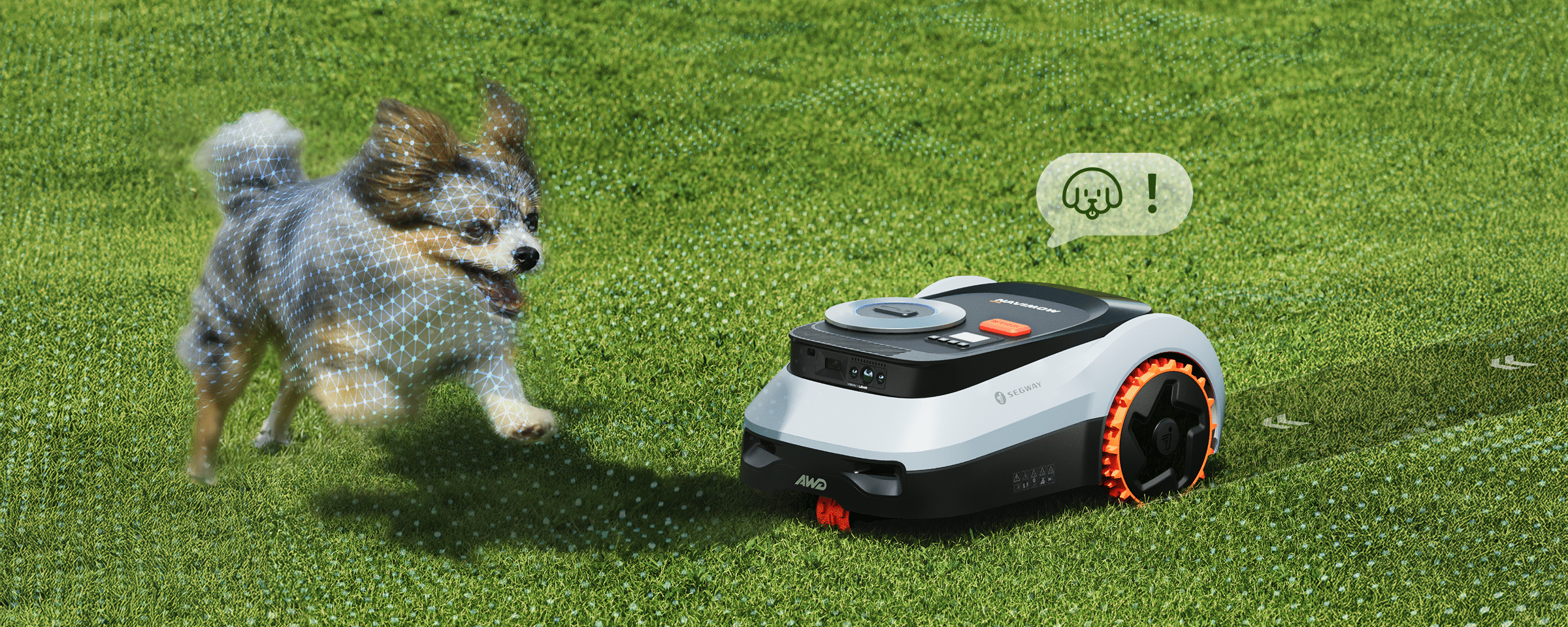Segway Navimow i2 LiDAR robot lawn mower mows beside a large tree on grass