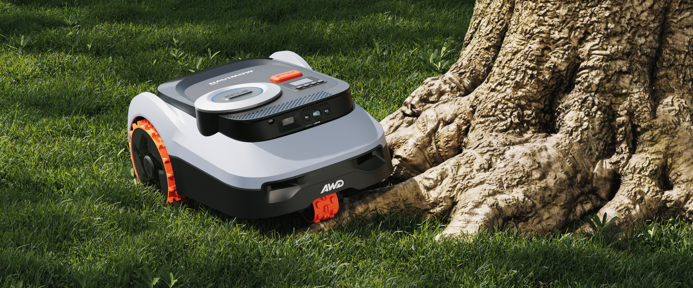 Segway Navimow i2 LiDAR robot lawn mower mowing wide lawn with house behind