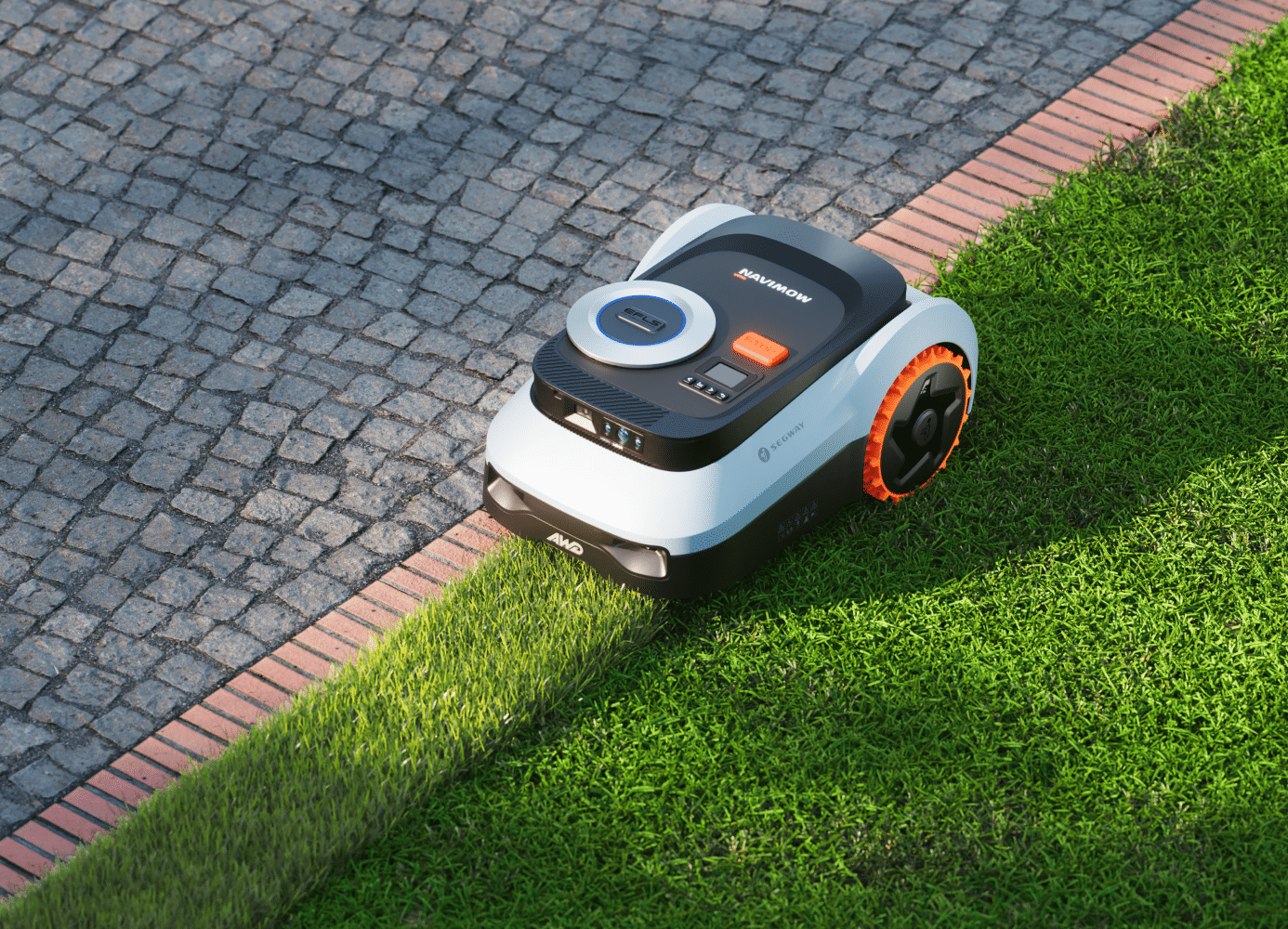 Segway Navimow i2 LiDAR robot lawn mower under trampoline with detect icon