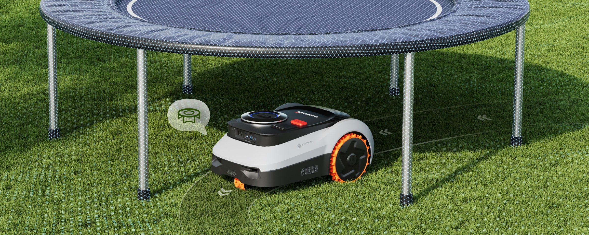 Segway Navimow i110N robot lawn mower mows under a trampoline.