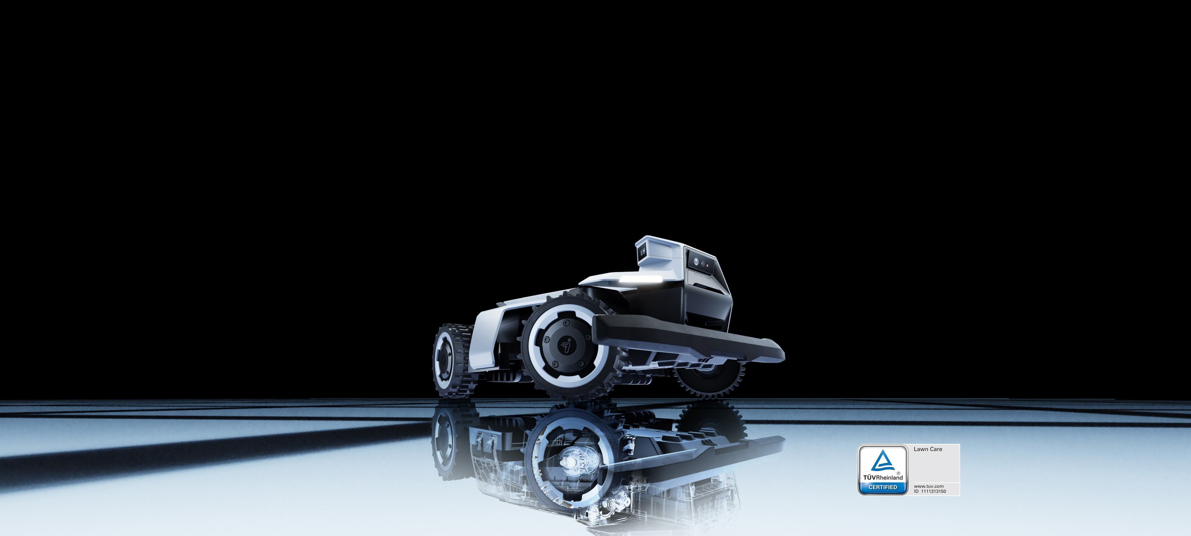 Segway Navimow X4 robot lawn mower at night scanning lawn and stone path with blue beams