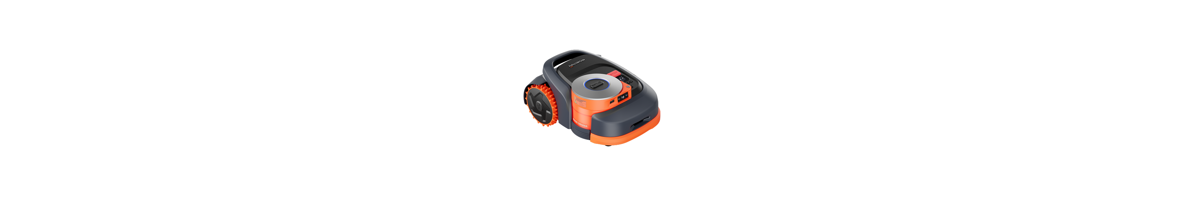 Segway Navimow H2 robot lawn mower orange base grey top red stop white background