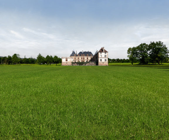 A large green field in front of a stone manor.