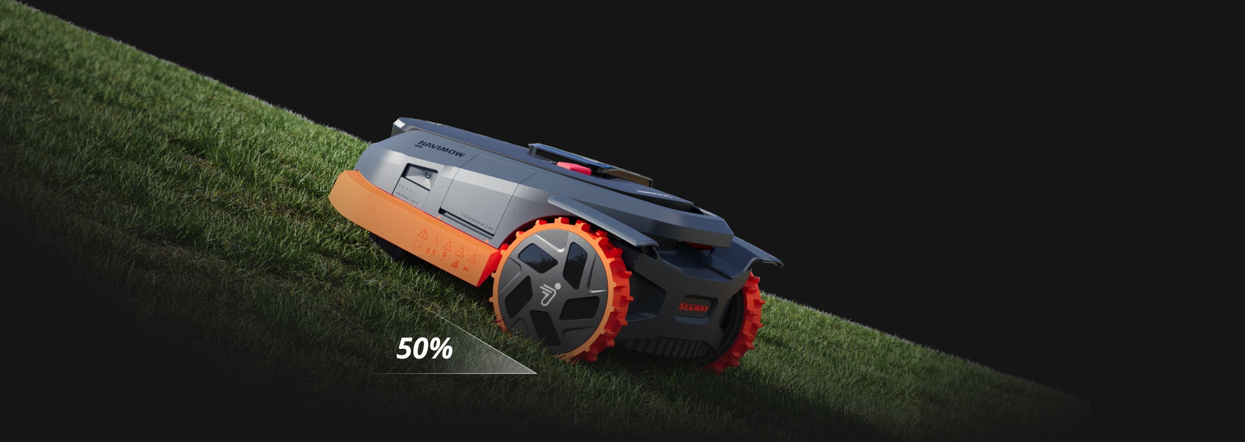 Segway Navimow robot lawn mower climbs a fifty percent slope.