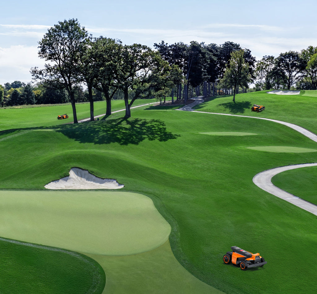 The Navimow i110N robot lawn mower mows the golf course.