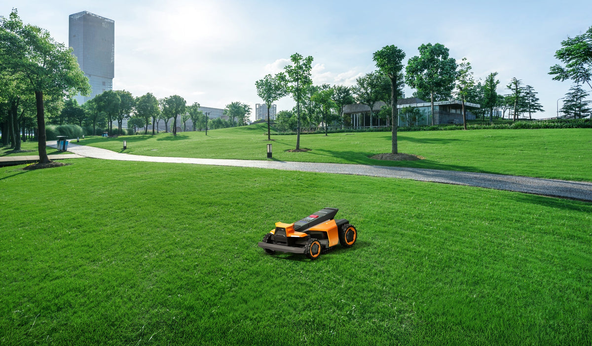 Navimow i110E robot lawn mower is on the green lawn.