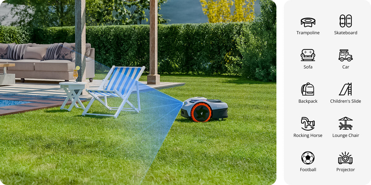 Navimow i110N robot lawn mower avoids obstacles in the yard.