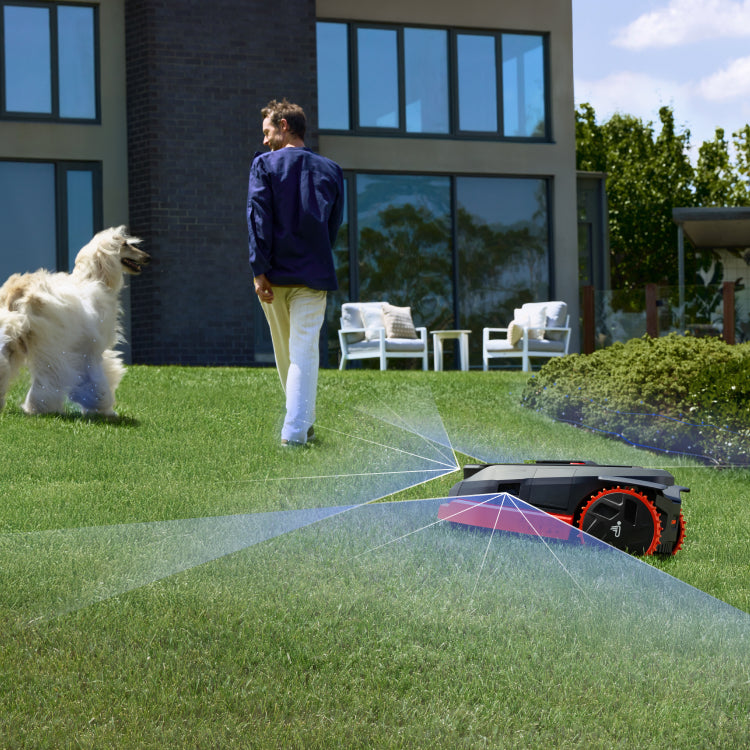 Navimow i110N robot lawn mower mows grass with dog nearby.