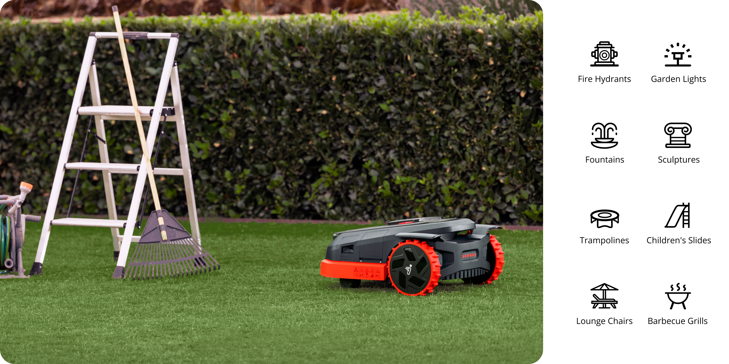 Segway Navimow i series robot lawn mower avoids garden obstacles.
