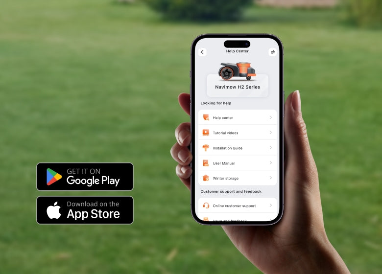 Hand holding phone showing Navimow H2 Series Help Center app and store badges