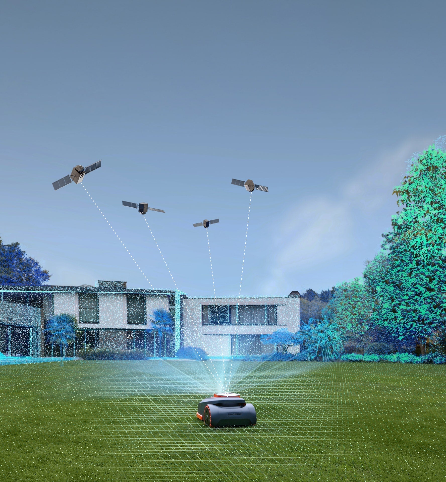 Segway Navimow H2 robot mower on bright lawn tied to four satellites white grid and blue house