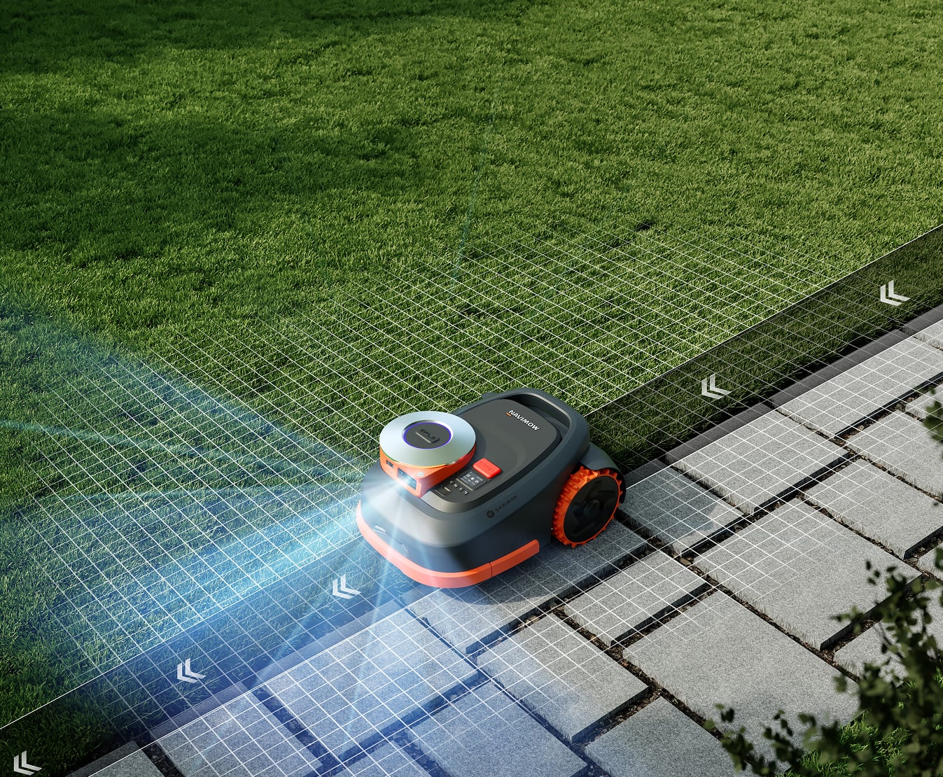 Overhead Segway Navimow H2 robot mower sensing where green grass meets grey stone paving