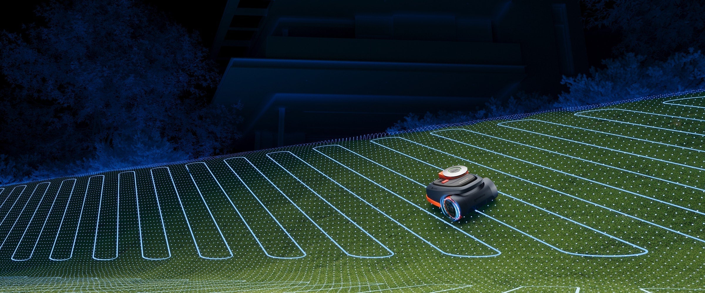 Segway Navimow H2 robot mower on a sloped lawn after dark under a blue curved path overlay