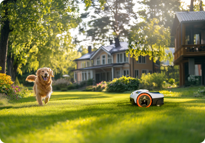 Segway Navimow i105E robot lawn mower and a running dog.