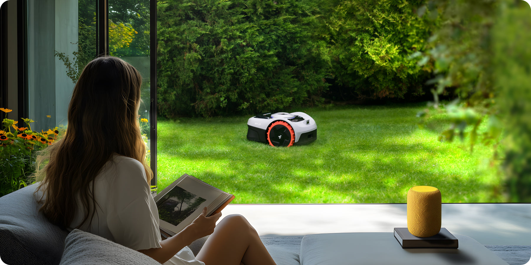 Navimow i110E robot lawn mower mows grass outside the window.