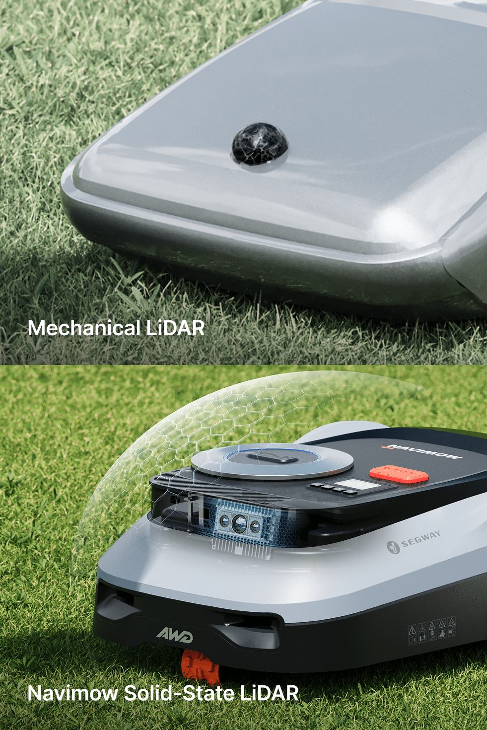 Segway Navimow i2 LiDAR robot lawn mower front three-quarter EFLS on white background