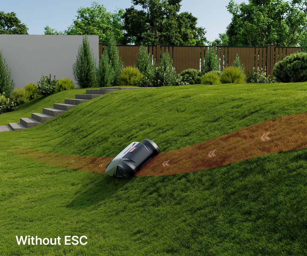 Segway Navimow i105E robot lawn mower sliding on a hill.