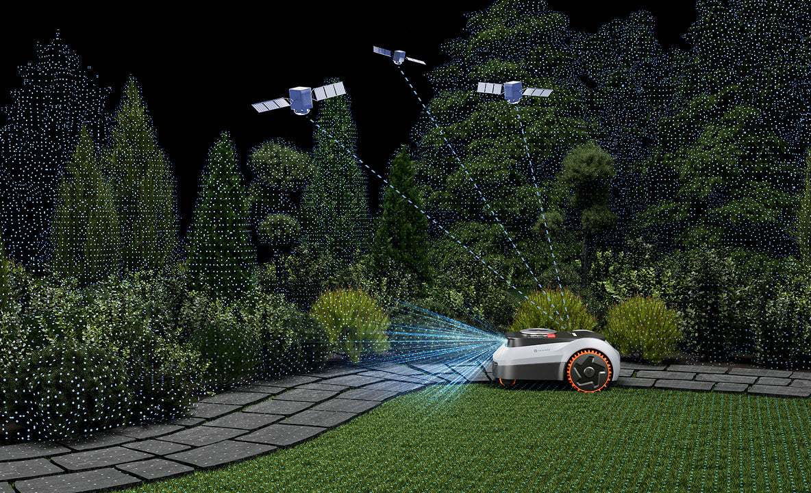 A Navimow i105E robot lawn mower in a backyard garden.