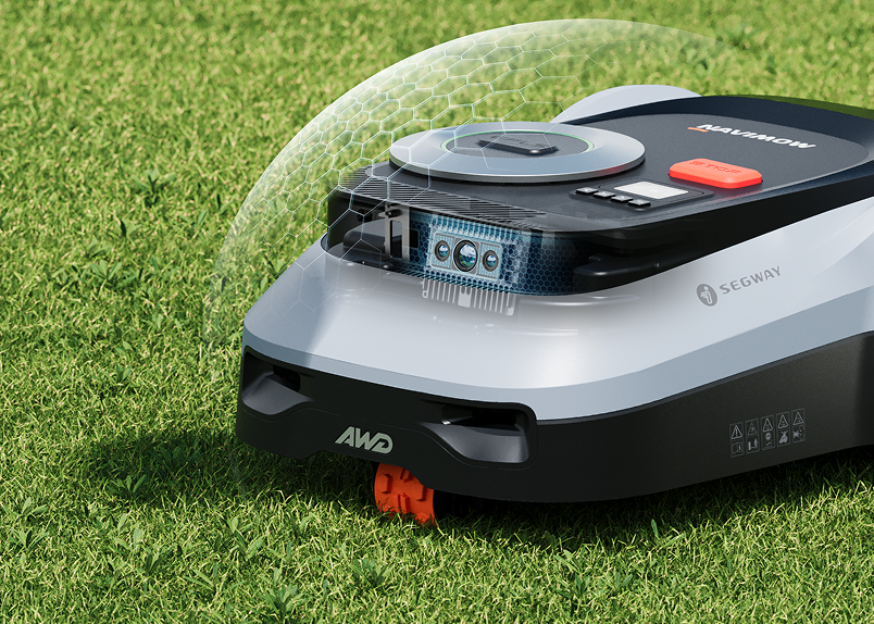 Segway Navimow i2 LiDAR robot lawn mower beside hedge with LiDAR light grid effect