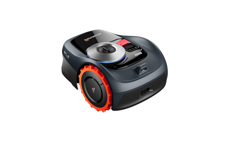 Navimow i1 Series robot lawn mower dark grey body orange wheels white background